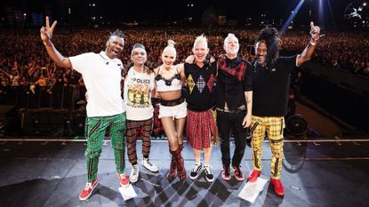 Tony Kanal, Gwen Stefani, Adrian Young, and Tom Dumont of No Doubt pose on the Coachella Stage during the 2024 Coachella Valley Music and Arts Festival at Empire Polo Club on April 13, 2024 in Indio, California. 