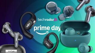 A selection of earbuds with TechRadar's dark blue Prime Day branding