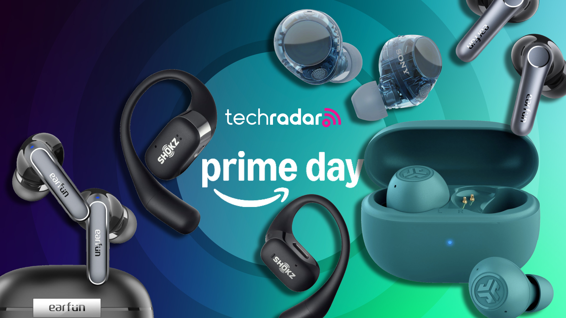A selection of earbuds with TechRadar&#039;s dark blue Prime Day branding