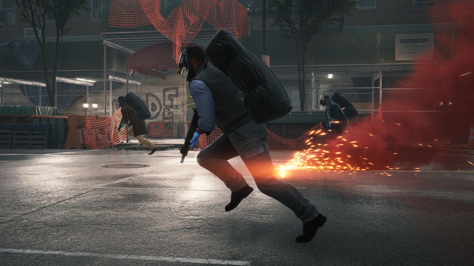 A robber runs with loot strapped to their backs, as red flares smoke in the background