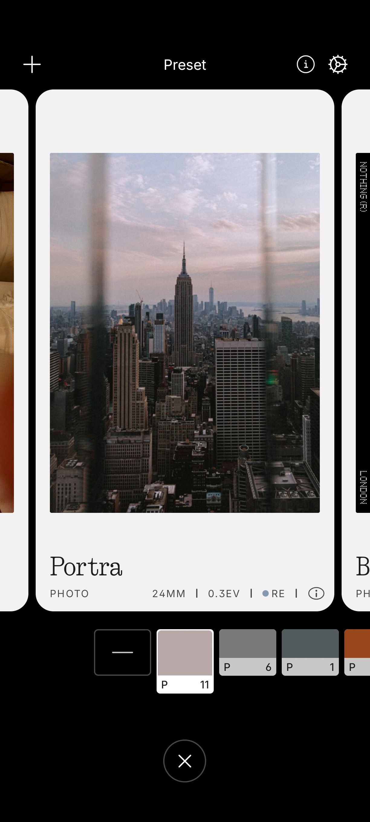 Screenshot of the Nothing Phone (4a) camera app showing the Preset menu with a &ldquo;Portra&rdquo; color preset preview of a city skyline.