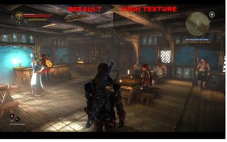 Best Witcher 2 mods — a screenshot showing mod-improved textures in a tavern interior