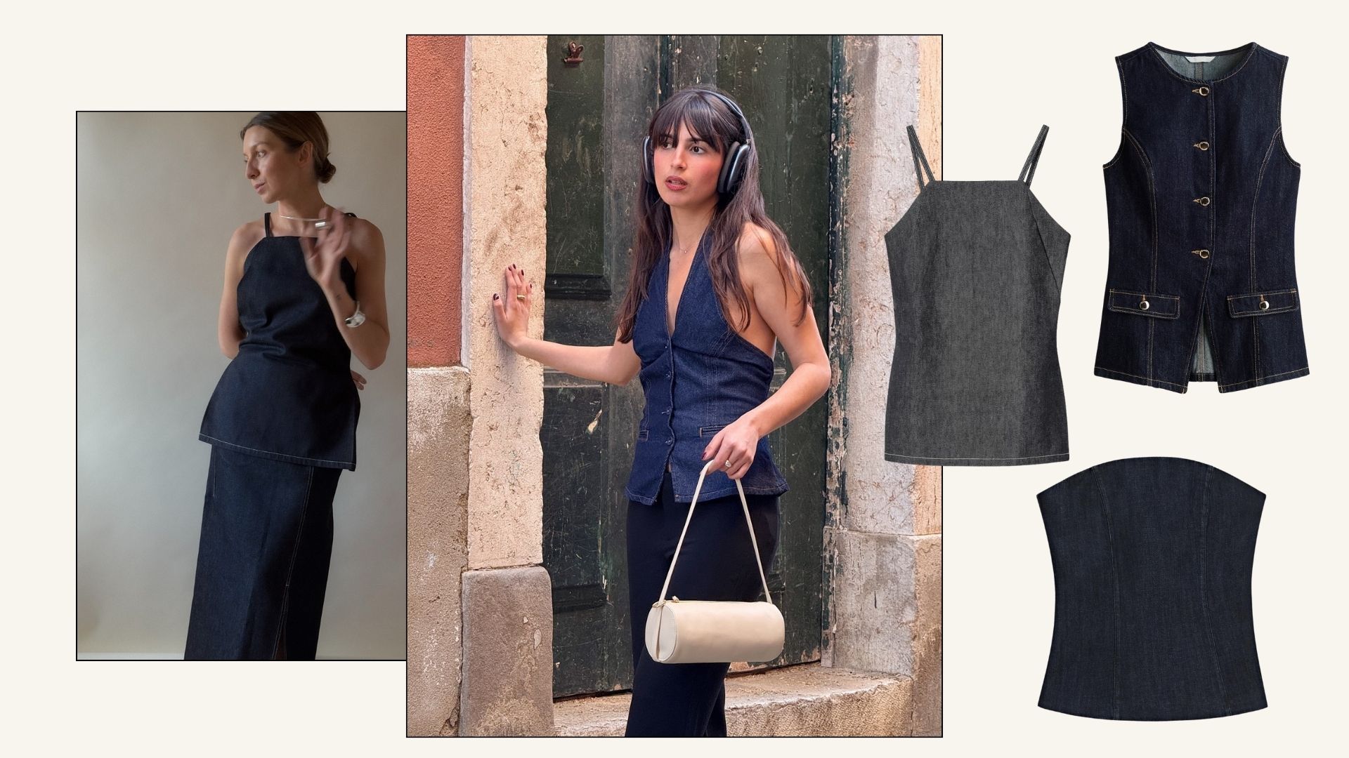 Influencers @brittanybathgate, @tamaramory wear denim tops with skirts and trousers.