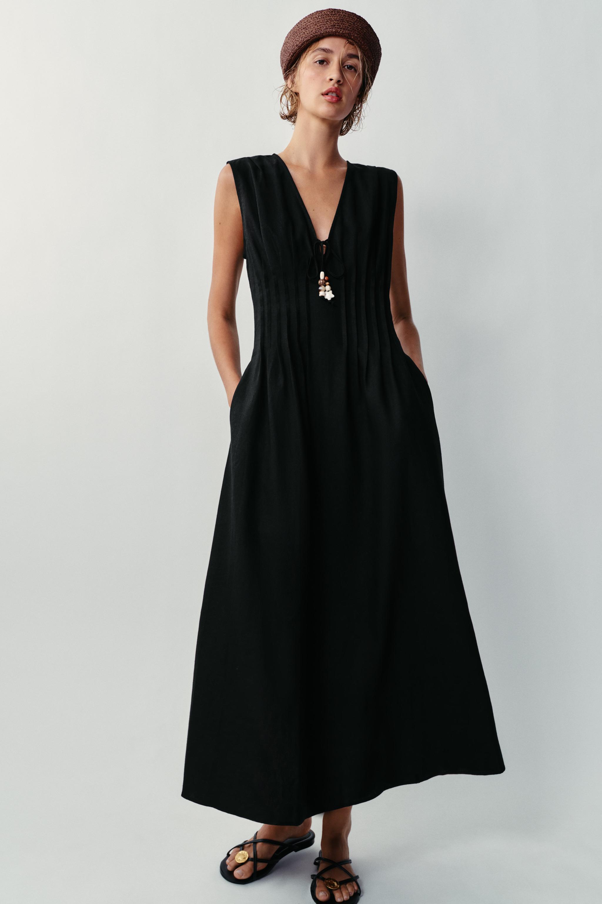 Linen Blend Midi Dress With Pin Tucks - Black - Xs