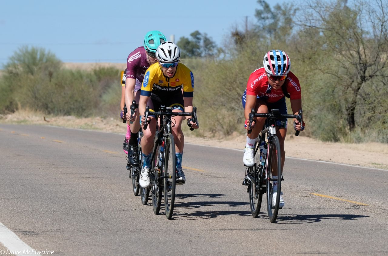 A four-person breakaway descending in the women's road race