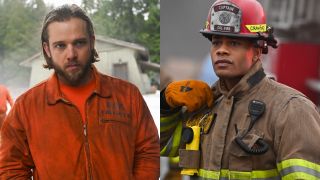 Side by side press images of Max Thieriot as Bode and Jordan Calloway as Jake in Fire Country