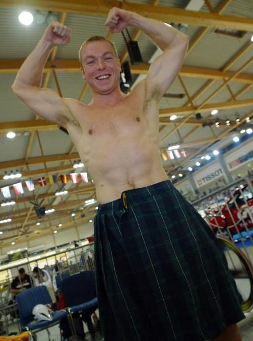 Chris Hoy wearing a kilt poses during the team sprint first round during the 2002 world track cycling Championships in Copenhagen