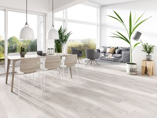 white living room with grey wood effect flooring
