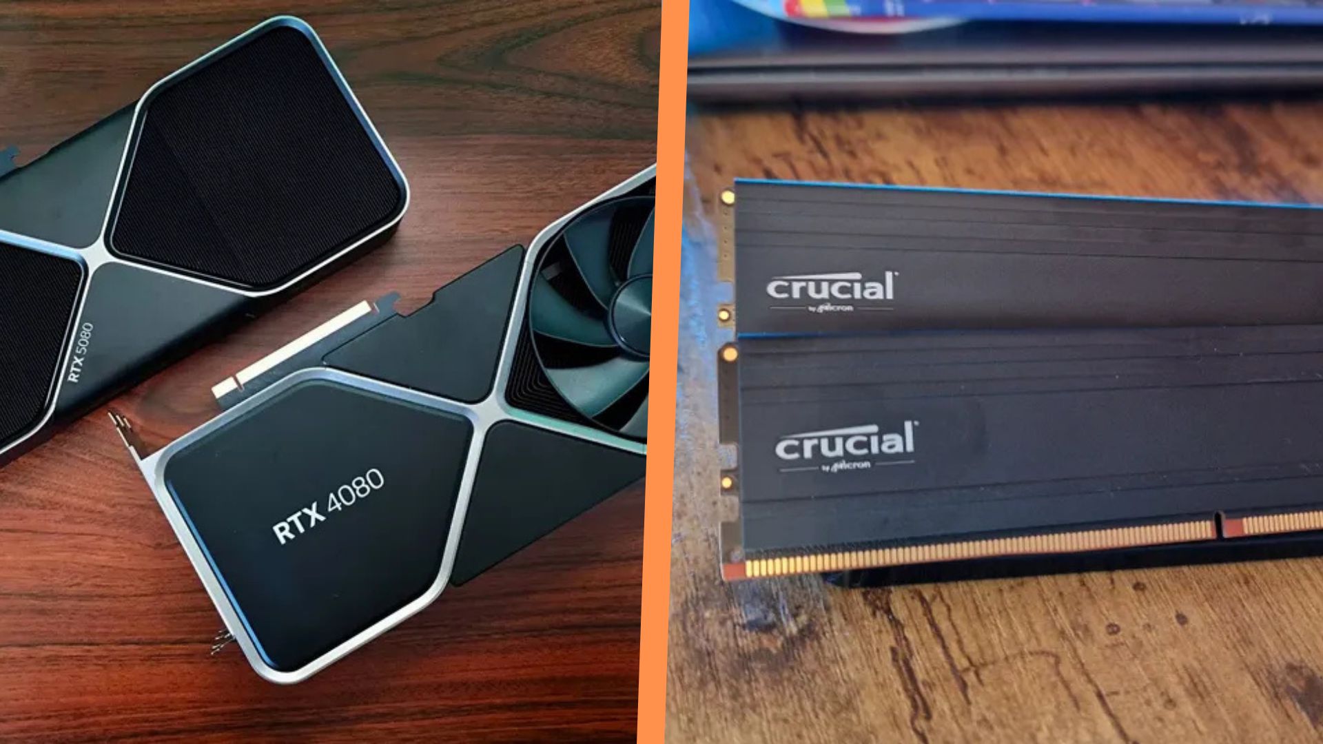A review photo of Crucial's DDR5 Pro RAM next to an RTX 5080 review image