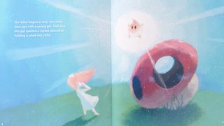 A storybook spread of a young girl and a shining star on a green hill against a blue background, with text in the top left-hand corner