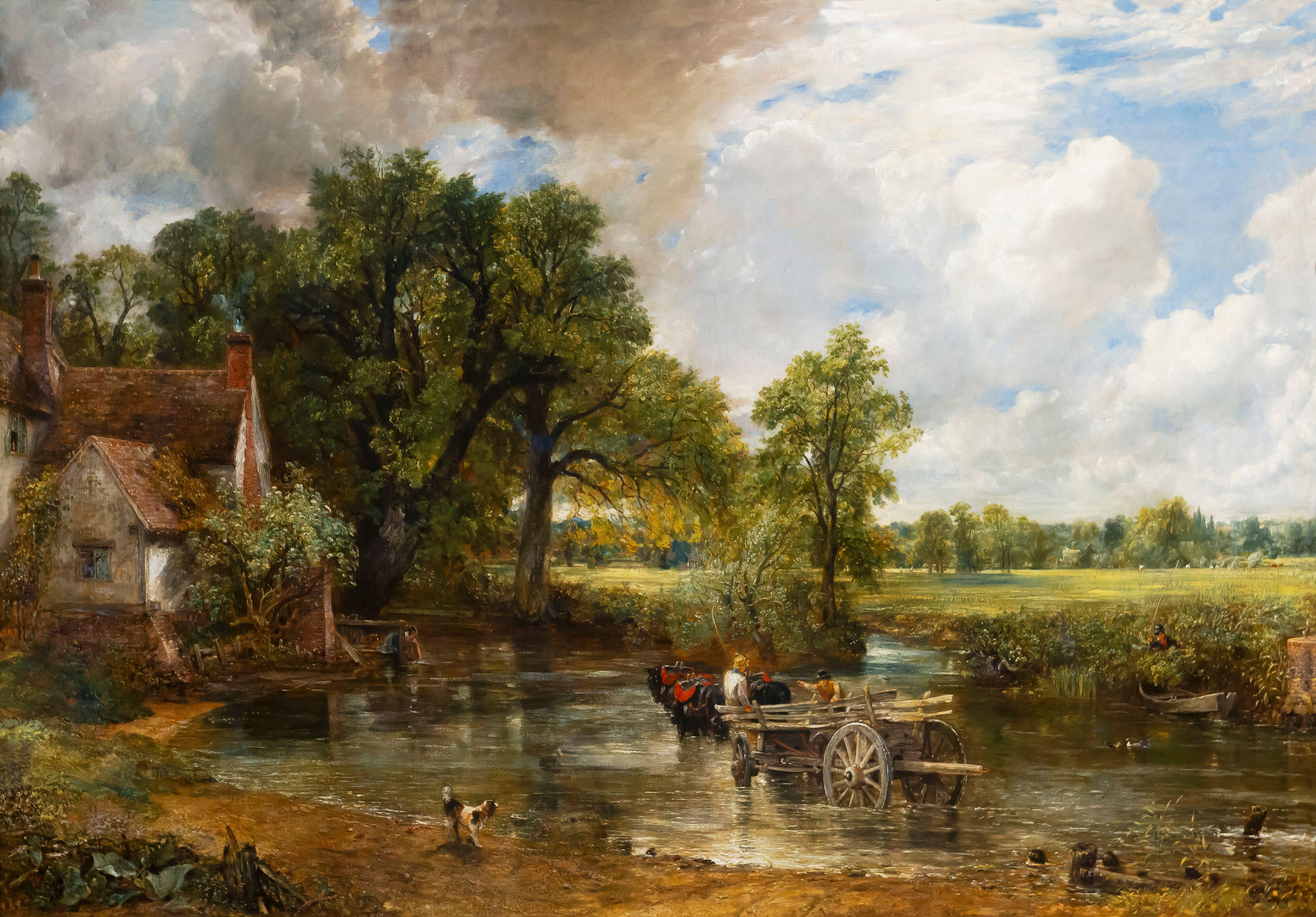 A 19th century landscape painting depicting a horse and cart moving through a river