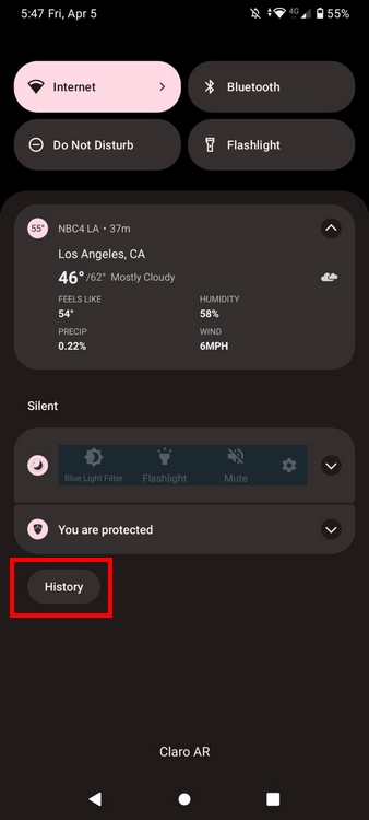 History option showing after swiping down twice from notification bar