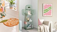 Three pictures, one of a peach rug, one of a cactus shelf, and one of a pink and green print in a living room