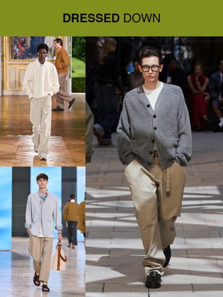 A collage highlighting the "Dressed Down" trend at the men's spring summer 2025 shows, with images from Sacai, Auralee, and Hermes.