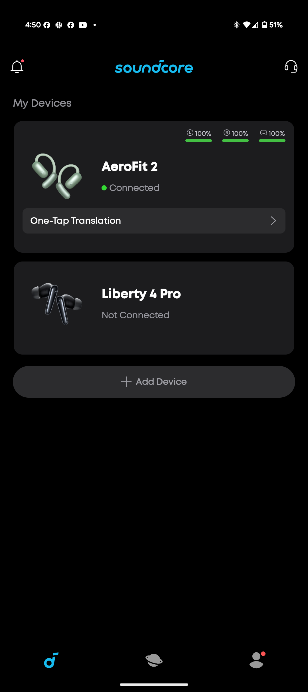 Soundcore AeroFit 2 app screens showing connected devices