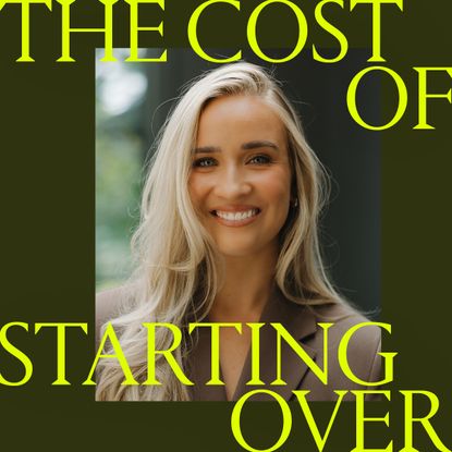 Portrait of Chloe Elise smiling, wearing a blazer, with “The Cost of Starting Over” overlaid in yellow text.