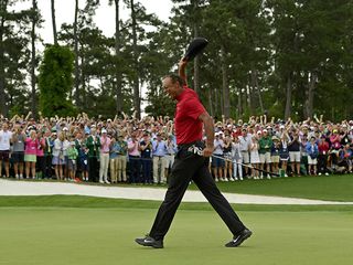 Tiger Woods celebrating winning the 2019 Masters Tournament