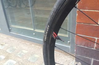 The same tyres mounted on Hed Ardennes Black wheels. A tight fit requiring levers