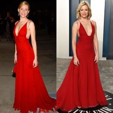 Elizabeth Banks wearing the same red dress in 2004 and 2020.