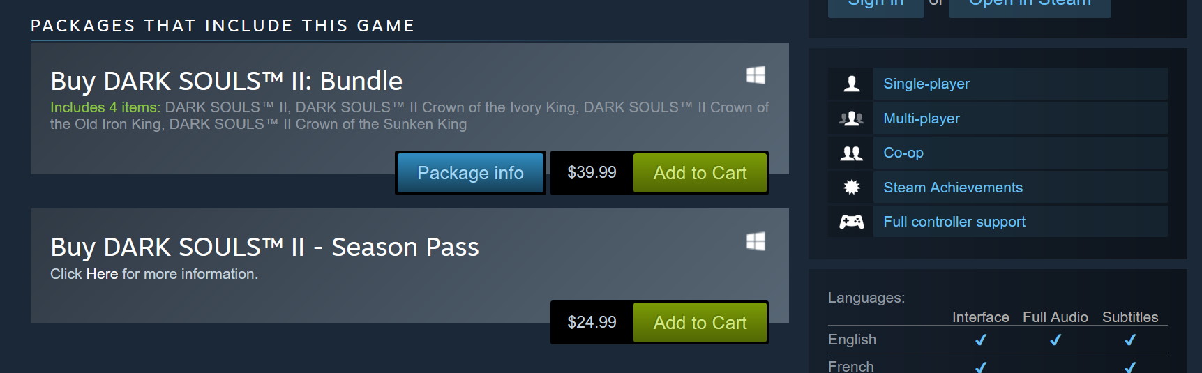 Dark Souls 2 Steam listing