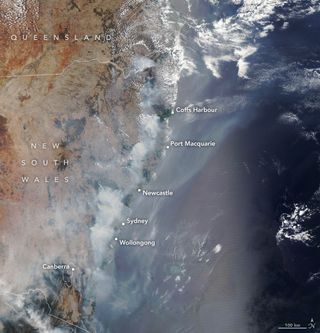 NASA's Aqua satellite used its Moderate Resolution Imaging Spectroradiometer to capture this view of wildfires raging on Australia's eastern coast on Dec. 9, 2019. The wildfires were fueled by unusually hot weather and a potent drought that primed the region in October 2019, according to the space agency.