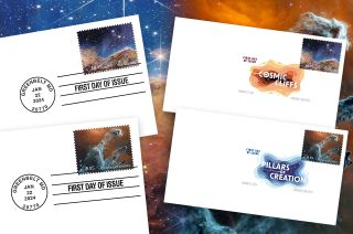 illustration showing the fronts and backs of two postcards whose stamps are adapations of gorgeous astronomy photos.