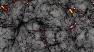 graphic illustration of what dark matter. Large black "veins" run through a grey background with sparks of light appearing through "cracks" in the image. 