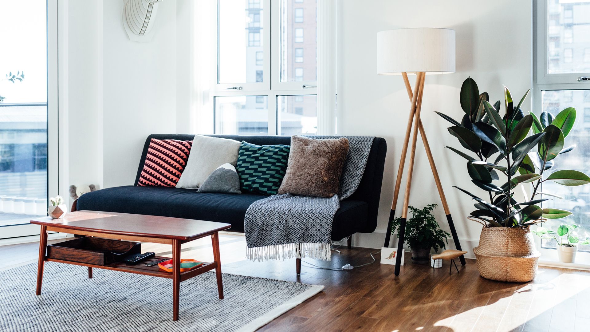 bright airy white living room with blue sofa, coffee table and no window treatments to flood the space with natural light