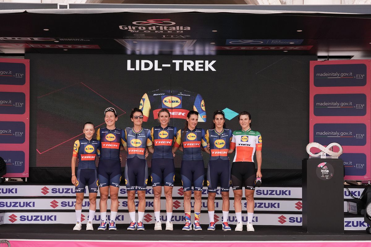 Elisa Longo Borghini is the home favourite as Lidl-Trek go on stage at the 2024 Giro d'Italia Women at the teams presentation at the Piazza della Loggia in Brescia