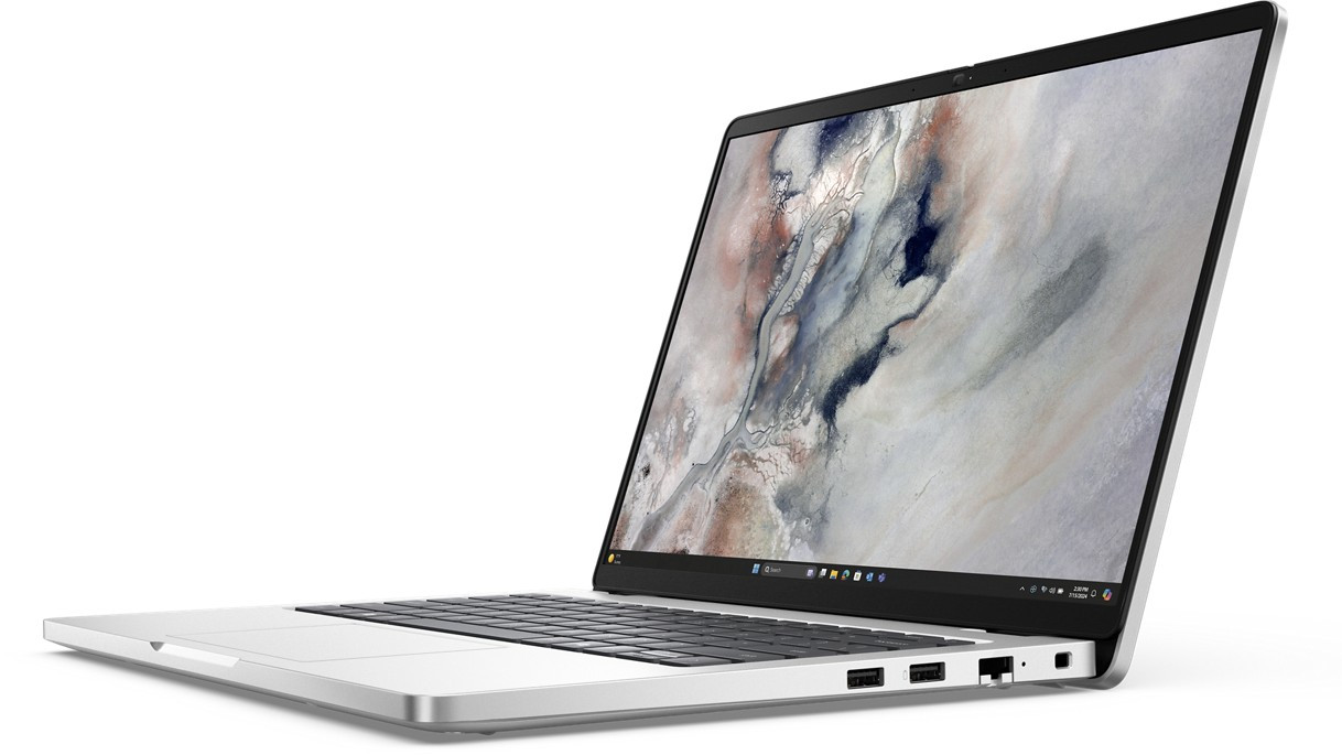 Dell laptop shown open and at an angle, showing ports