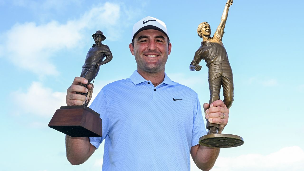 Scottie Scheffler with the Jack Nicklaus Award for Player of the Year and the Byron Nelson Award for recording the lowest Scoring Average of 2023