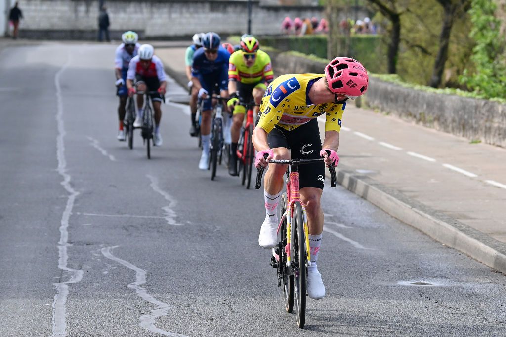 SAUMUR FRANCE APRIL 03 Marijn van den Berg of The Netherlands and Team EF Education EasyPost Yellow Leader Jersey attacks in the breakaway during the 70th Region Pays de la Loire Tour 2024 Stage 2 a 1621km stage from Chateaubriant to Saumur on April 03 2024 in Saumur France Photo by Dario BelingheriGetty Images