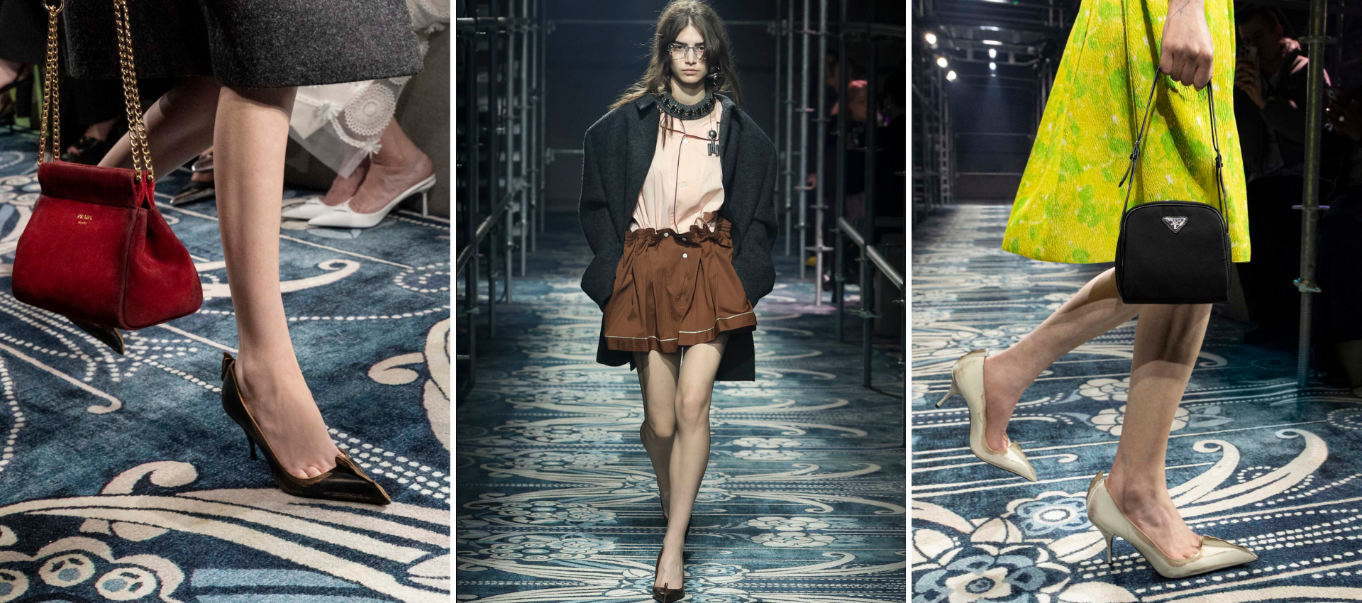 white Prada antiqued leather pumps, yellow dress, black bag runway