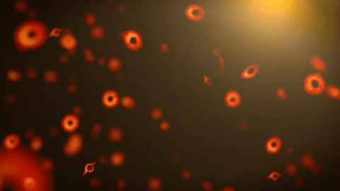 red orbs with black centers swirl on a black background