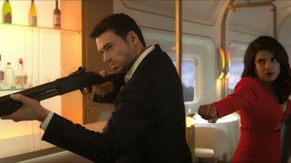 Mason Kane (Richard Madden) holding a shotgun with Nadia Singh (Priyanka Chopra) behind him in Citadel