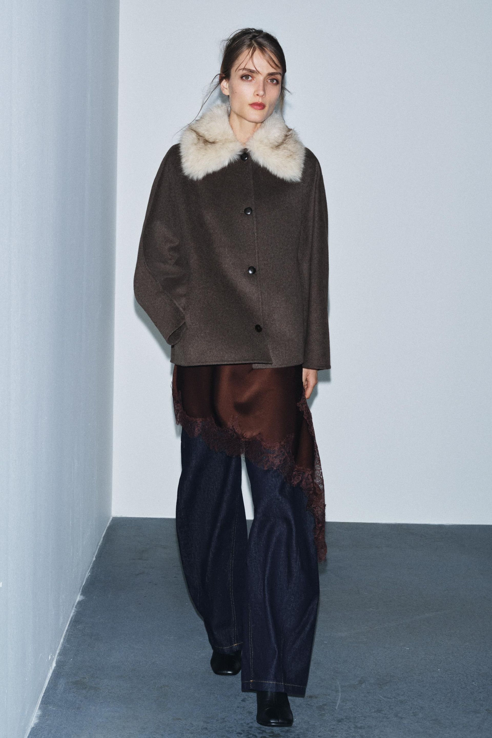 Wool Blend Coat With Faux Fur Collar Zw Collection