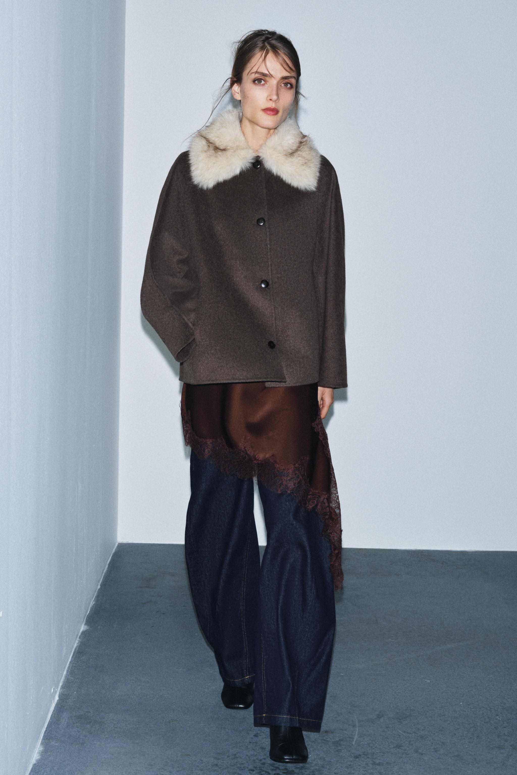 Wool Blend Coat With Faux Fur Collar Zw Collection