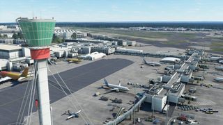 Microsoft Flight Simulator screenshot showing crowded airport