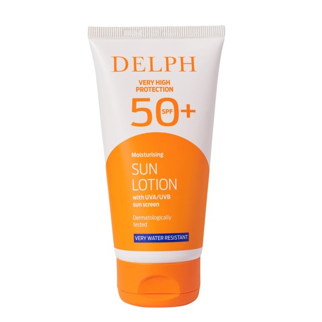 Delph 50+ Sun Lotion. A white and orange tube