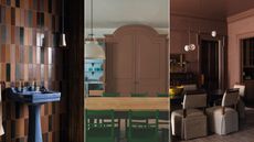 Three images compiled of dark brown interiors 