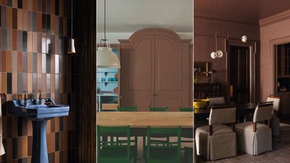 Three images compiled of dark brown interiors 