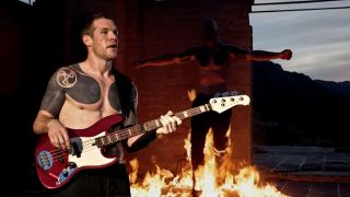 Tim Commerford of Rage Against The Machine performs on stage at Finsbury Park on June 6, 2010 in London, England. 