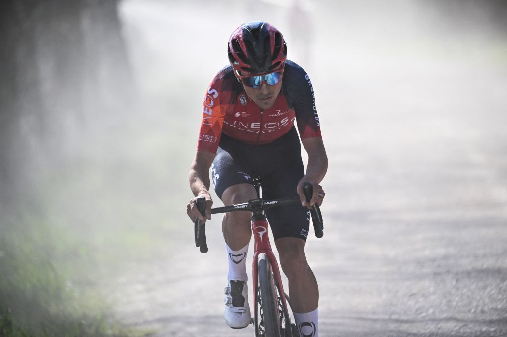 Team Ineos Thomas Pidcock takes part in an attack during the 17th oneday classic Strade Bianche White Roads cycling race 184 km between Siena and Siena Tuscany on March 4 2023 Photo by Marco BERTORELLO AFP Photo by MARCO BERTORELLOAFP via Getty Images