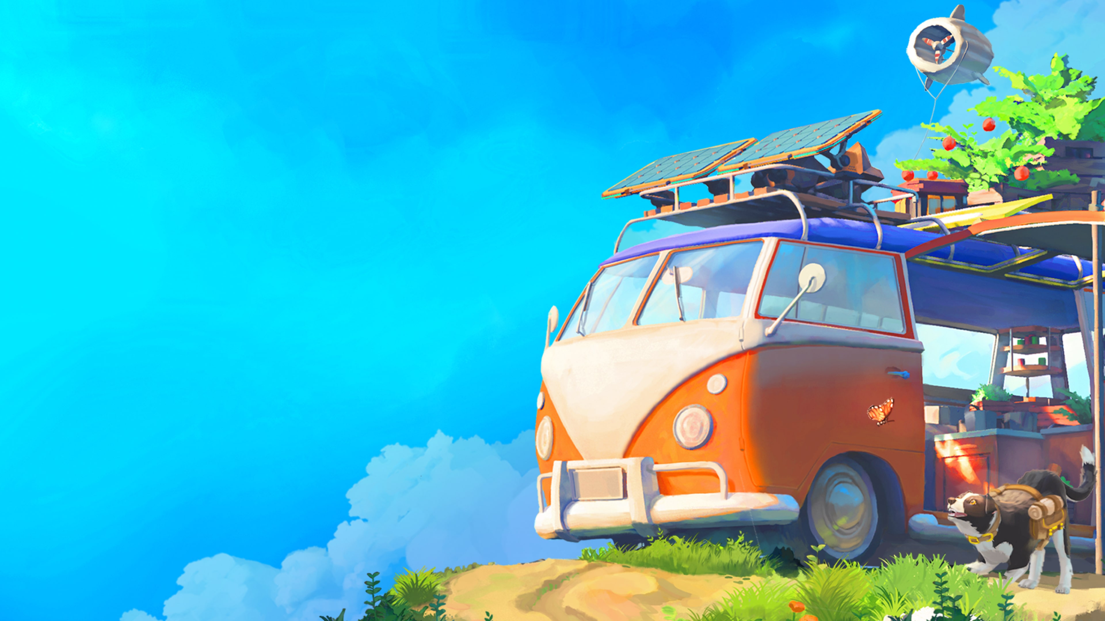 Outbound screenshots showing gameplay of a camper van with unique structures built upon it and dog companion mechanics.