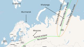 map showing where the partial solar eclipse will be visible over Russia.