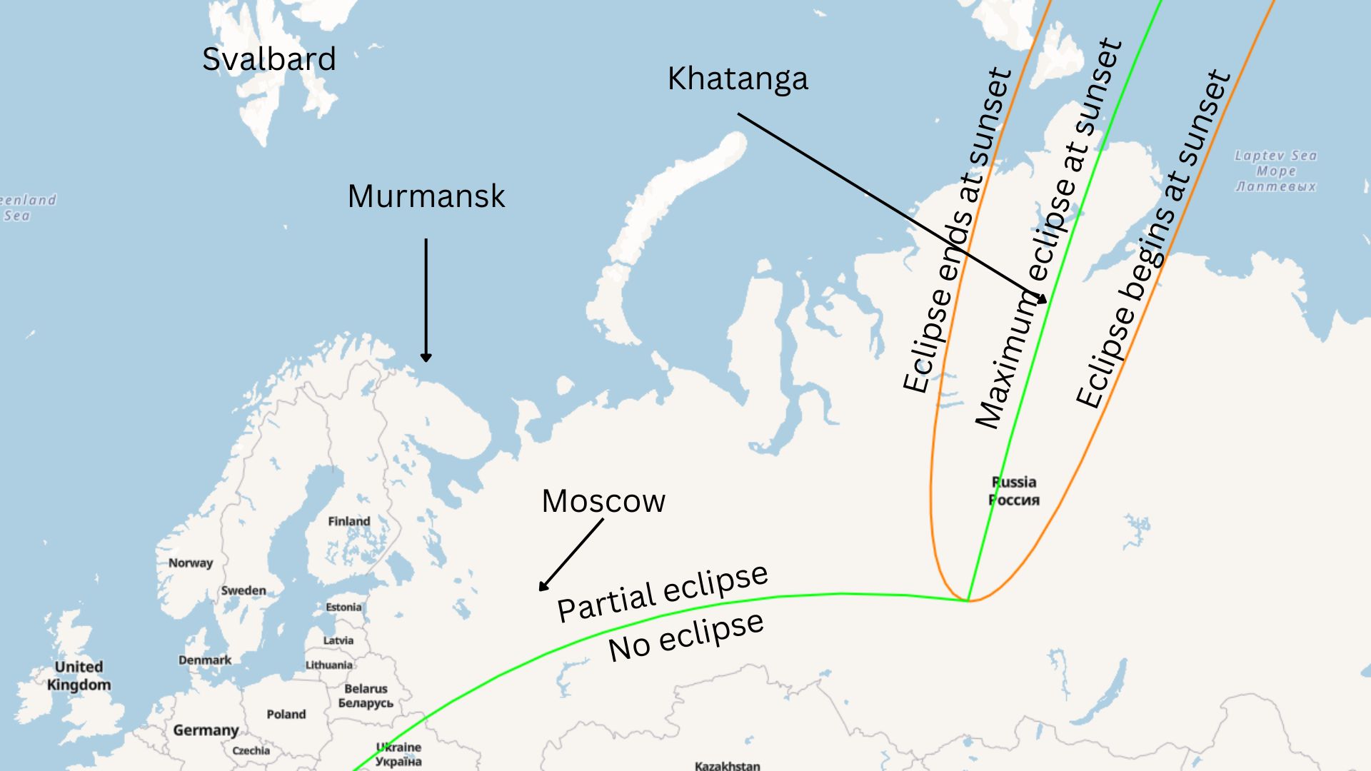 map showing where the partial solar eclipse will be visible over Russia.