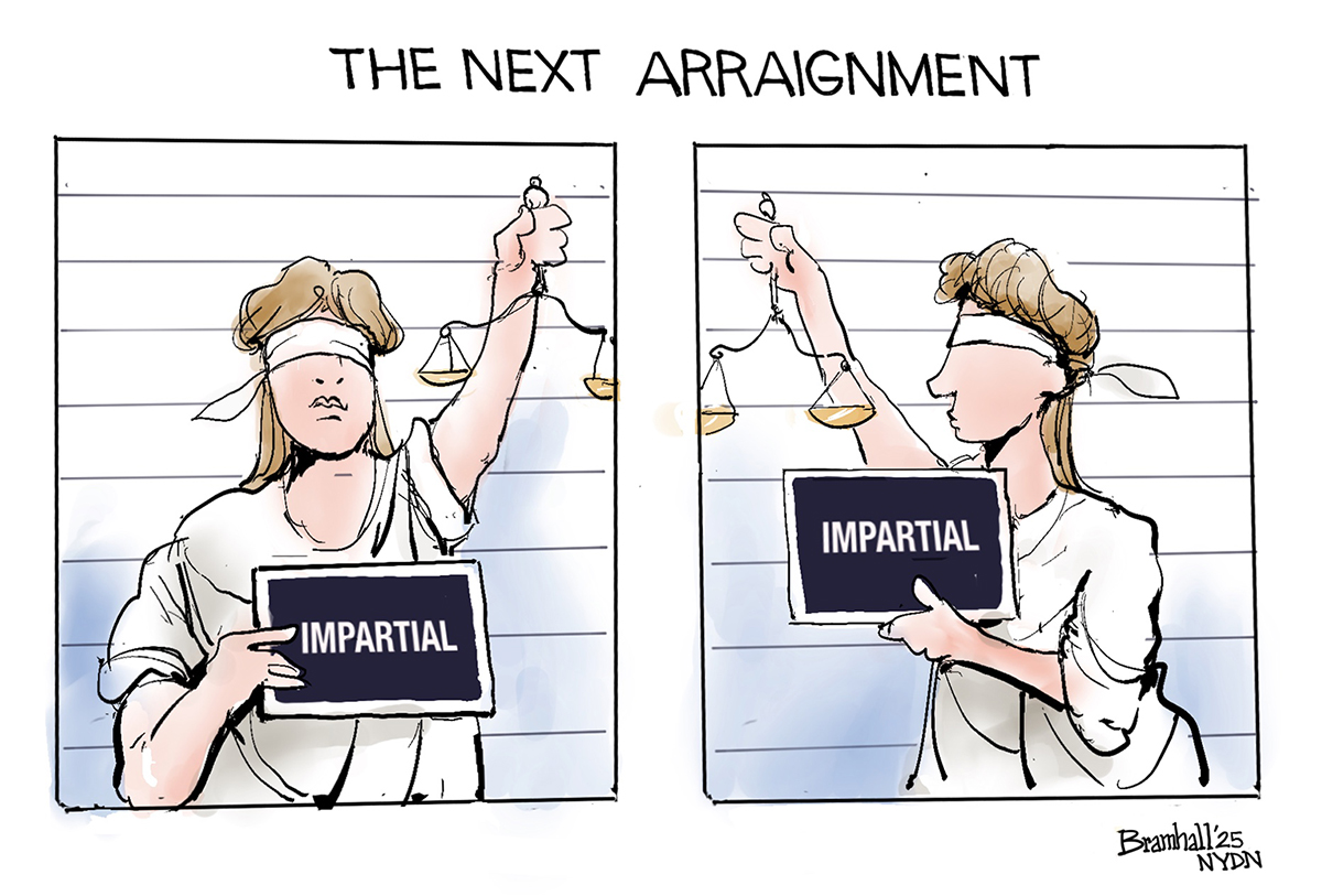 This is a two-panel political cartoon titled 