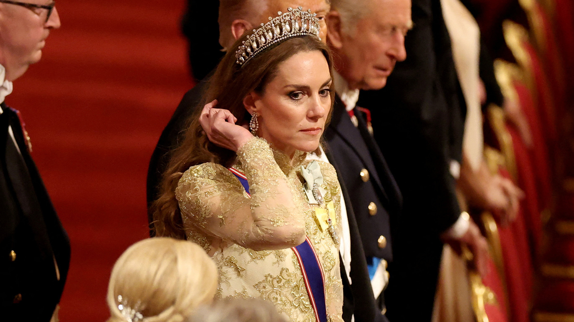 WINDSOR, ENGLAND - SEPTEMBER 17: Britain&#039;s King Charles, U.S. President Donald Trump and Britain&#039;s Catherine, Princess of Wales take their seats during a State Banquet at Windsor Castle for the State visit by the President of the United States of America on September 17, 2025 in Windsor, England. President Trump is in England from Sept. 16-18 on his second UK state visit, with the previous one taking place in 2019 during his first presidential term. (Photo by Phil Noble - WPA Pool/Getty Images)