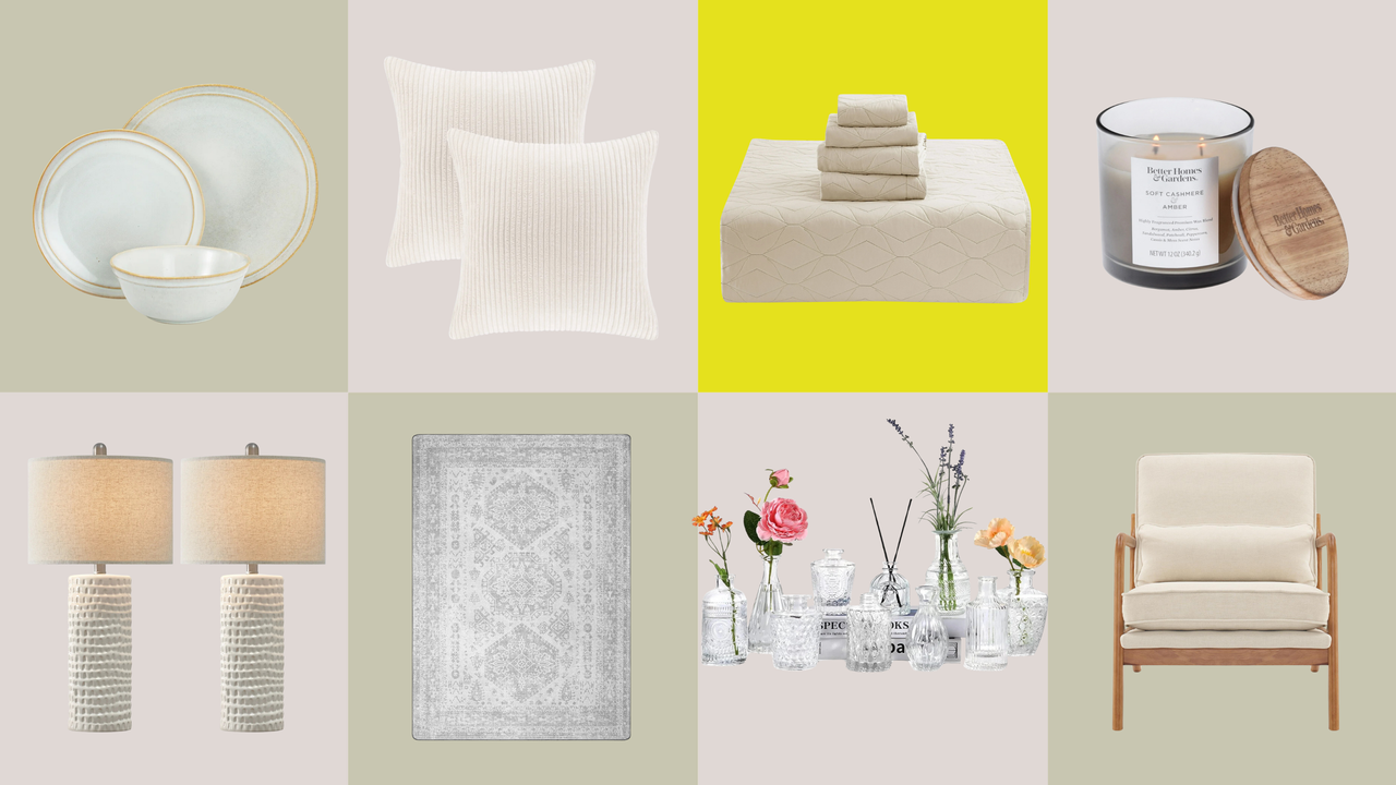 plates, pillows, quilted bedding, glass candle, two table lamps, rug, mini flower vases, and lounge chair in grid layout