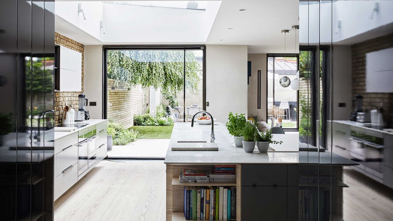 kitchen with island and picture window